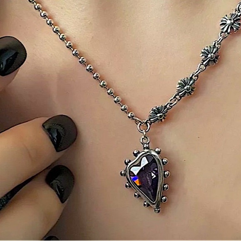 Heart Amethyst Sterling Silver Pendant Charm Punk Necklace - Picture 1 of 7